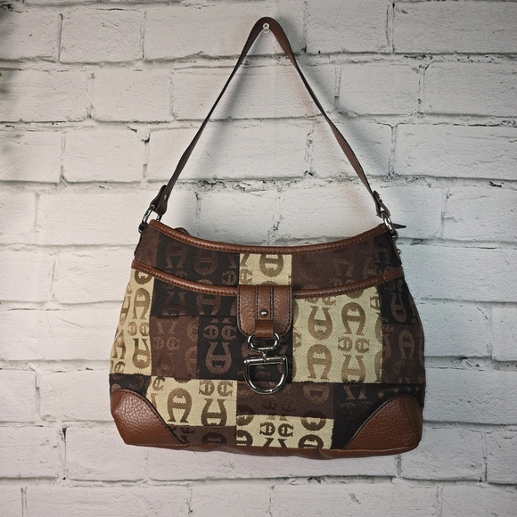 Etienne Aigner Brown and Tan Monogram Shoulder Bag - Picture 4 of 12